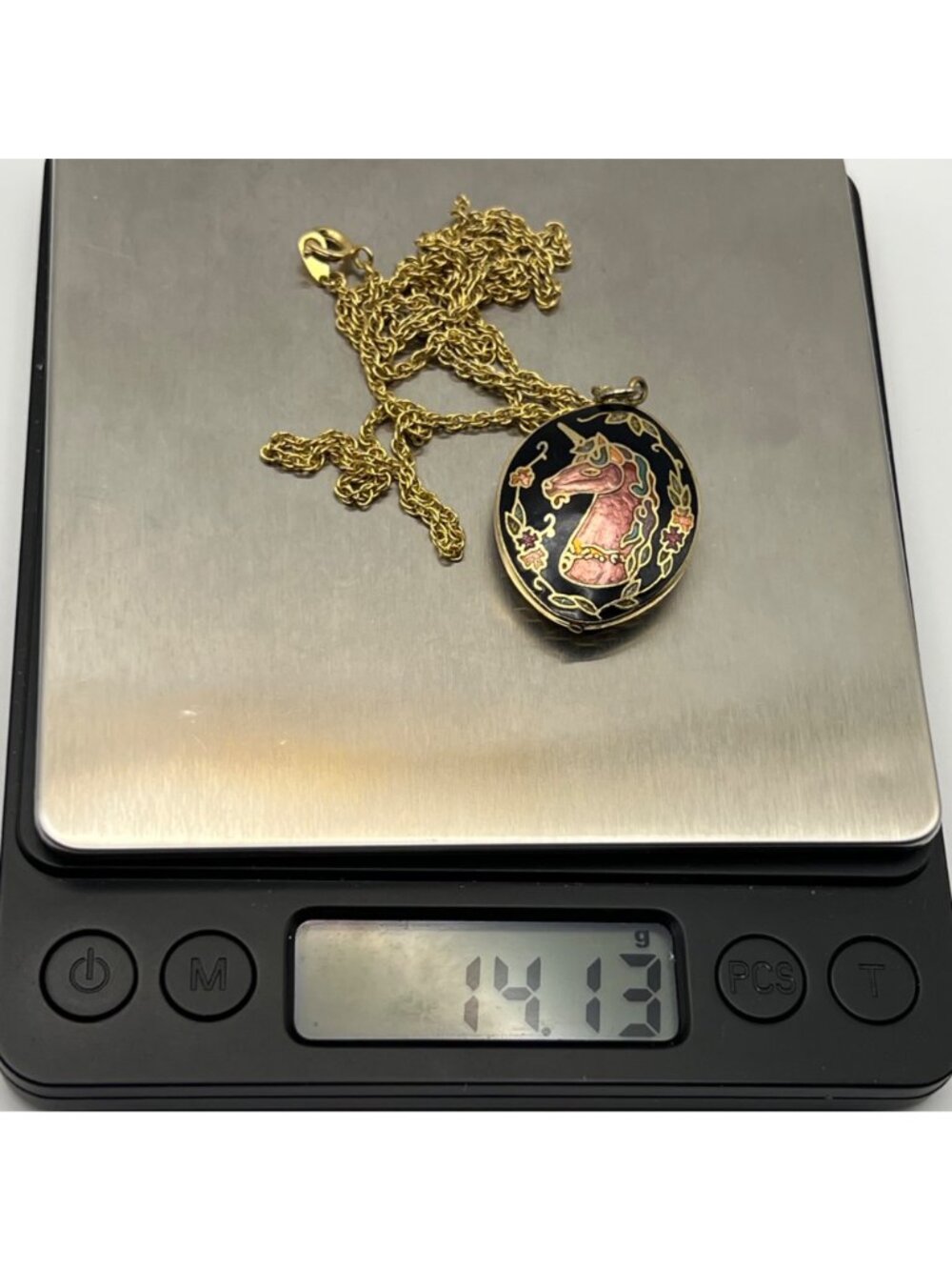 Vintage Unicorn Pendant Necklace Gold-Tone Cloisonne Black Double Sided Oval 23" - Picture 7 of 10